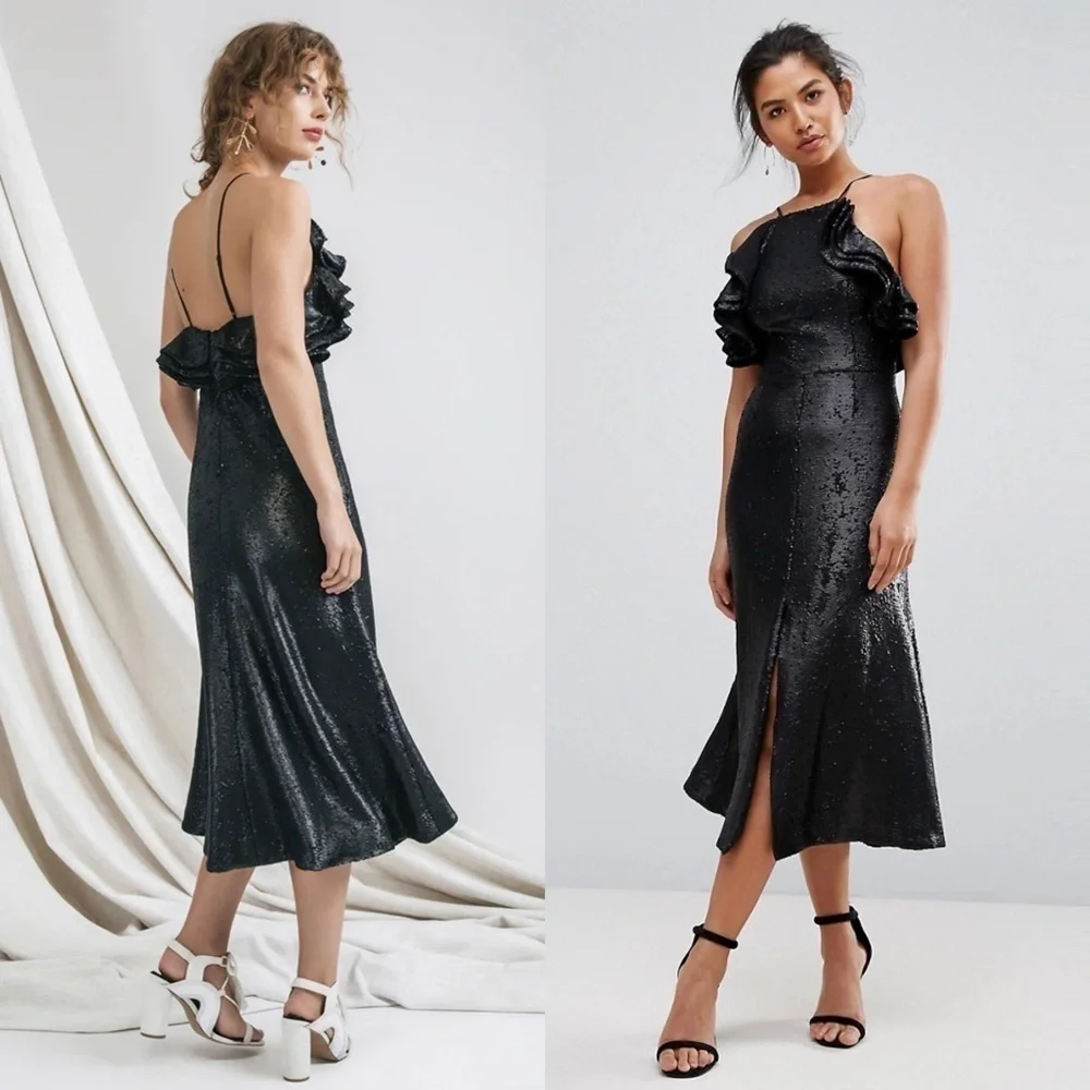 C/MEO Sequin Ruffle Halter‎ Square Neck Sleeveless Fit & Flare Slit Midi Dress S